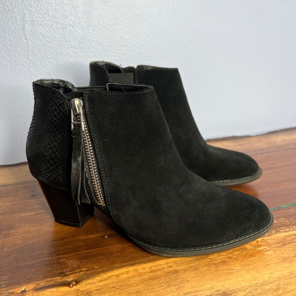 Vionic Anne Black Suede Zip Ankle Booties‎ Heeled Snakeskin Women's Shoe Size 6